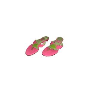 Lilly Pulitzer Pink and Green Leather Palm Tree Thong Sandals - Women’s Size 6.5